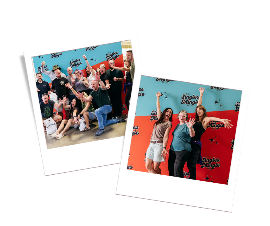 Guests posing and celebrating together at Singles Mingle events