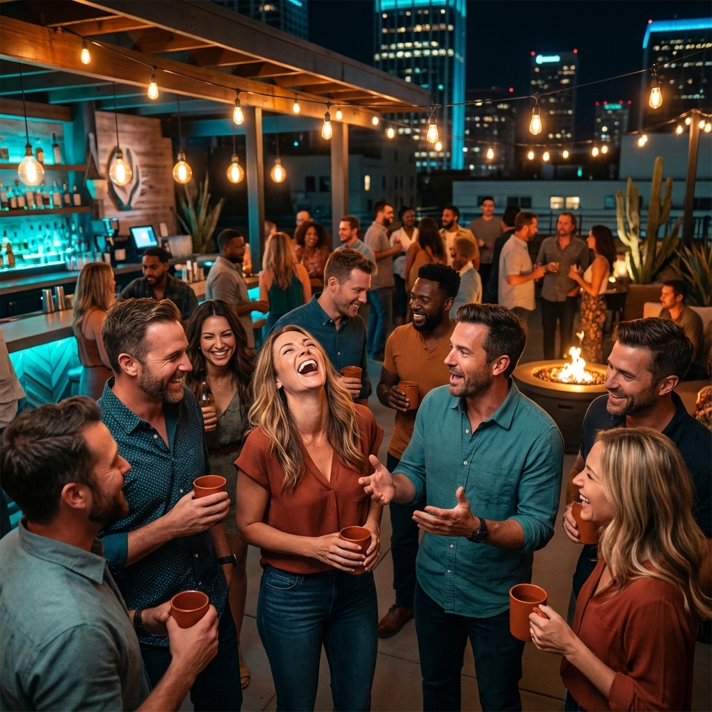 Diverse group of single adults laughing and connecting at a rooftop social event